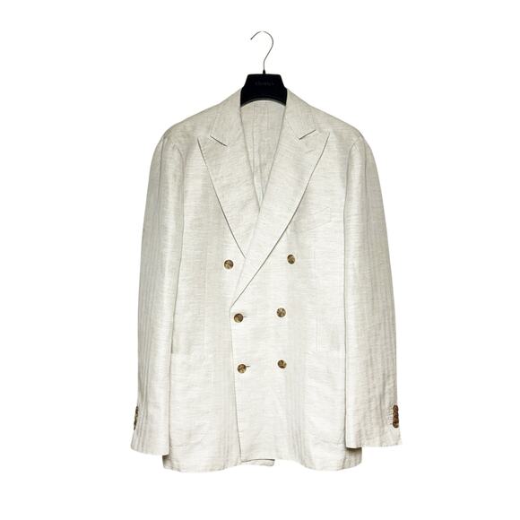 Suitsupply Linen Havana Double Breasted Slim Blazer Herringbone Beige 56 / 46 - Picture 1 of 9